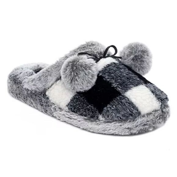 Cuddl Duds® Printed Plaid Sherpa Scuff with Faux Fur Lining & Pom Poms S… - Picture 1 of 1